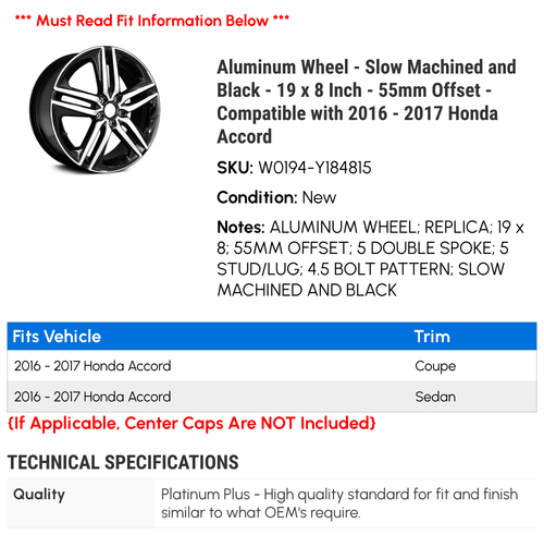 Aluminum Wheel - Slow Machined and Black - 19 x 8 Inch - 55mm Offset - Compatible with 2016 - 2017 Honda Accord